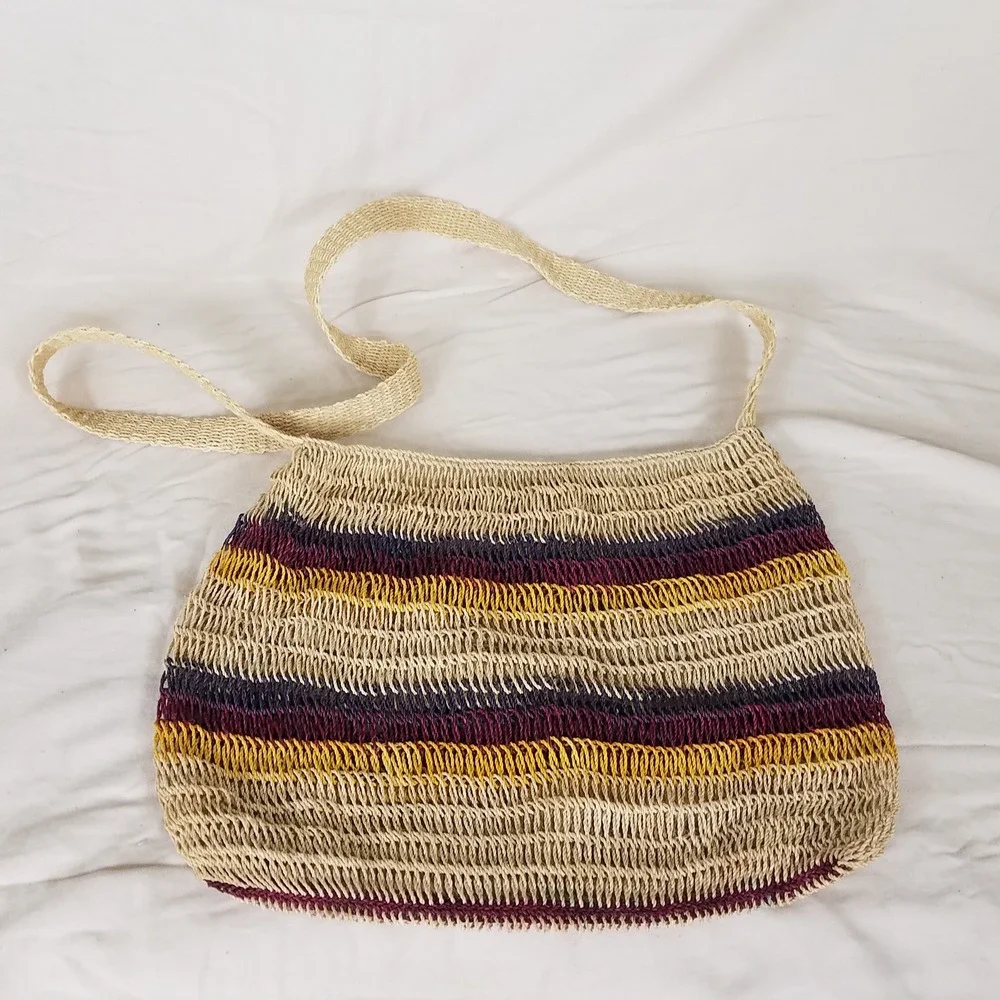 Woven Straw Shoulder Bag Womens os Multi nwot Boho Striped handmade Peruvian